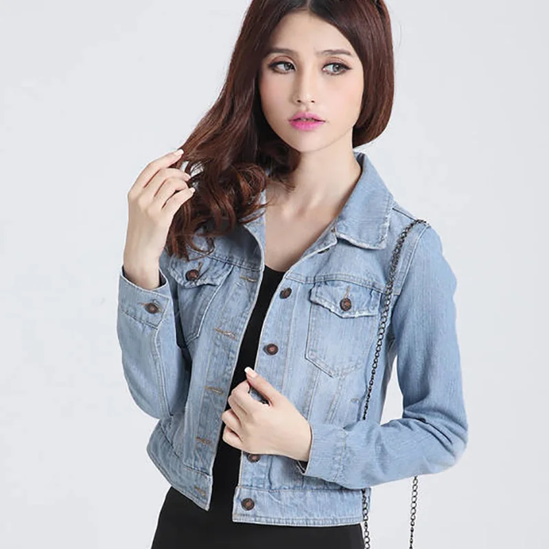 

SALSPOR Denim Jackets Women Turn-Down Collar Long Sleeve Retro Denim Jackets Female Slim Large Size Solid Coat Denim Jackets