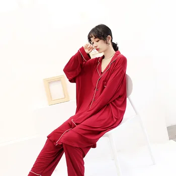 

Women's Spring and Autumn plus Size Modal Leisure Tops Pajamas Two Piece Suit Loose 200 Jin Can Wear Korean Style