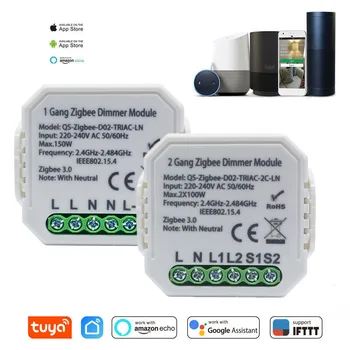 

Tuya Smart Zigbee Dimmer Switch Module 1/2 Gang With Neutral 2 Way Wireless Control Works With Alexa Google 220-240V Automation