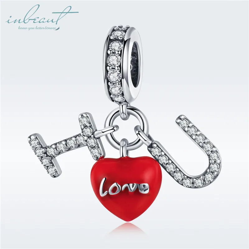 

S925 Sterling Silver fit Pandora Bracelet Red Heart Love U Charms Original Design 925 I&You Letter Beads for Pendant Necklace