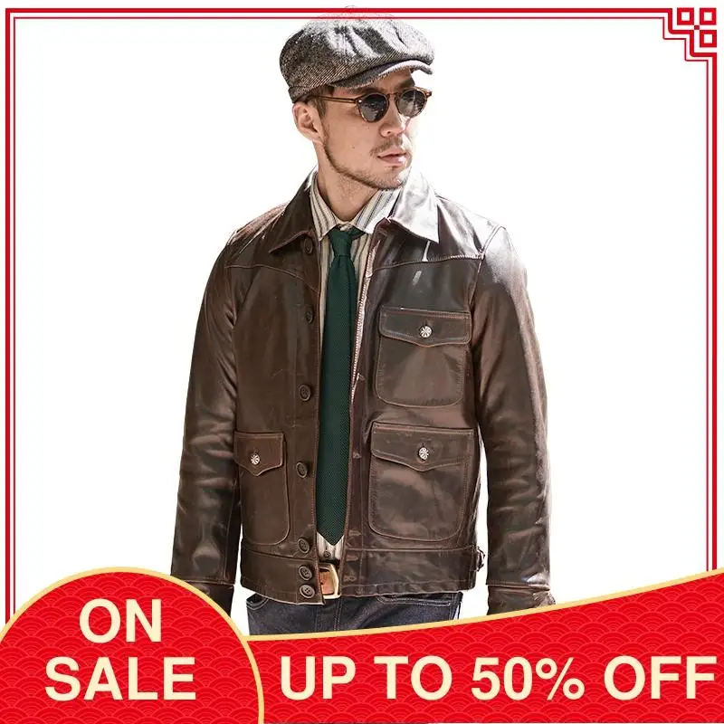 

2020 Retro Brown American Casual Style Genuine Leather Jacket Men Single Breasted Plus Size 3XL Real Cowhide Short Leather Coat