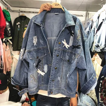 

New Spring and Autumn Women's Holes Jeans Jacket Female Casual Dragonfly Patch Denim Coat All-match Loose Cowboy Coats