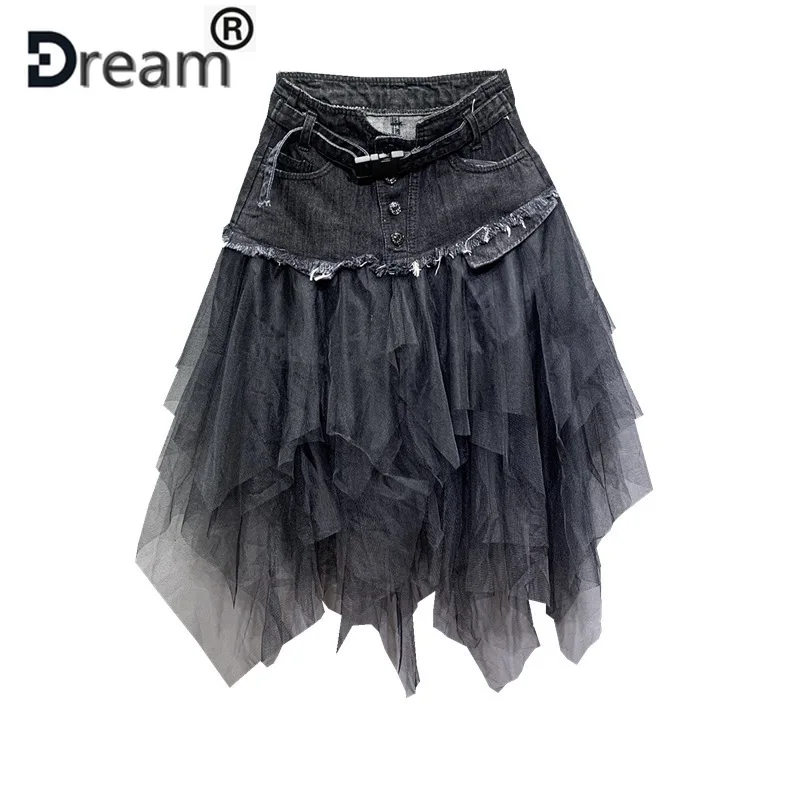 Summer Denim Jeans Skirt Women irregular High Waisted Tulle Skirts Mesh Patchwork Pockets Pleated Mid-Calf Tutu Street 2021 | Женская