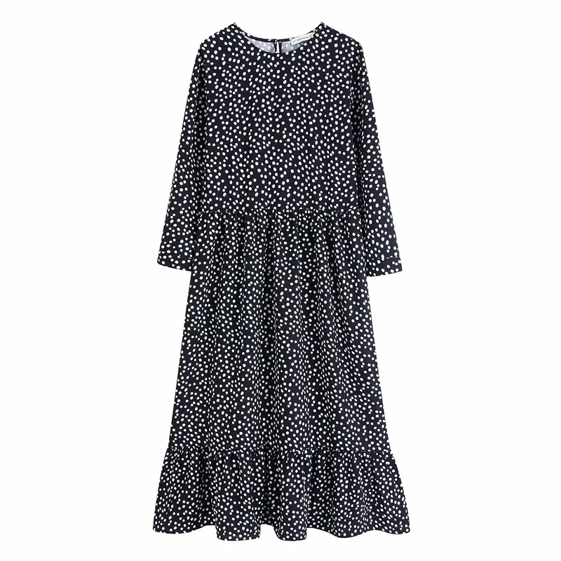 

2019 Europe And America Autumn New Style Loose-Fit Slimming Crew Neck Long Sleeve Polka Dot Midi Dress Women's 2183256