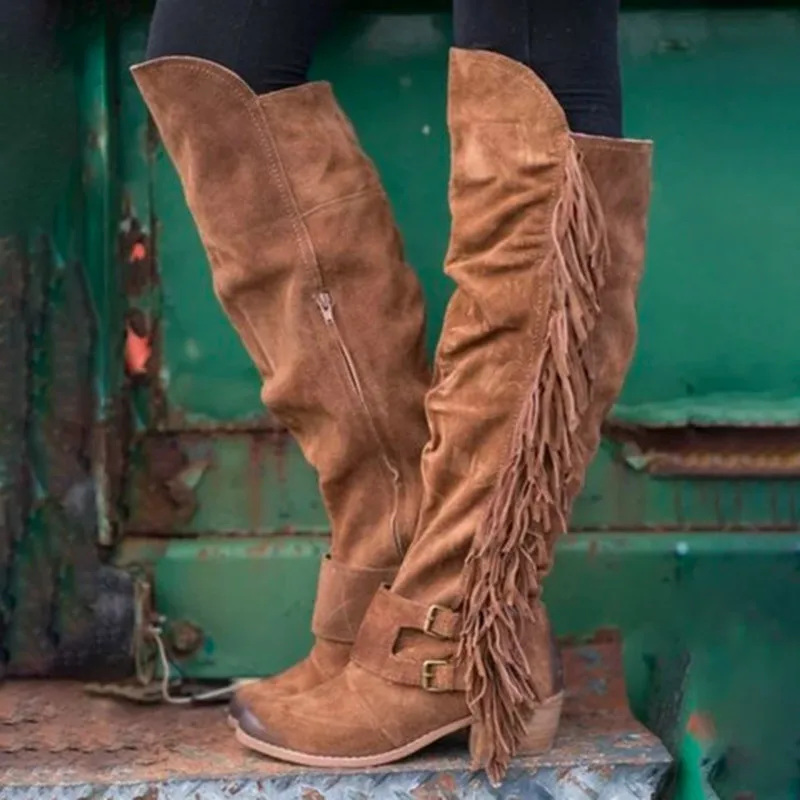 

Women over the knee high boots warm mid med heels tassels flatform shoes autumn vintage PU booties woman mujer zapatos HP2396