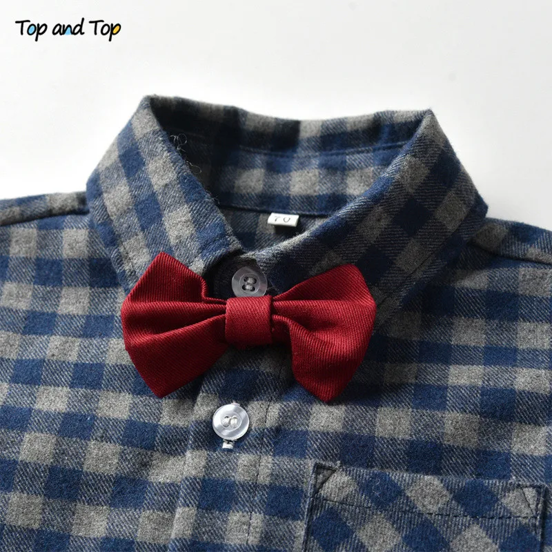 Топ и топ, модные комплекты одежды для мальчиков Детский Костюм Джентльмена хлопчатобумажный галстук-бабочка с длинными рукавами клетчатая рубашка Топы+ комбинезоны, одежда