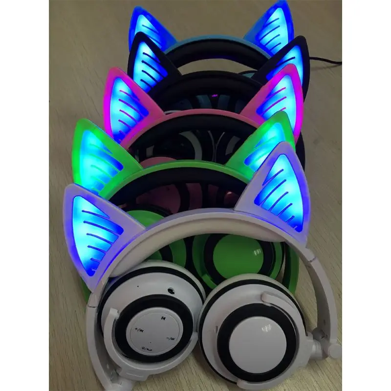 Foldable Safe Wired Kids Gaming Headsets Glowing Cat Ears Headphones 85dB Volume Limited Noise Canceling Wide Compatibility