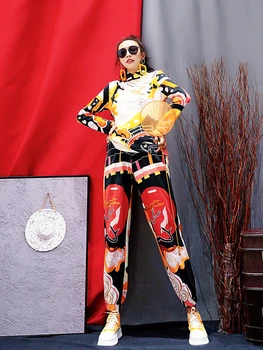 

Original design Street wear thin Pure cotton pants + chinese style Tops two-piece personality women printing casual Chiffon sets