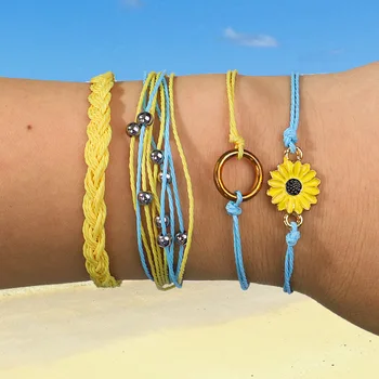 Meetvii New Sunflower Waterproof Wax String Bracelets Set Handmade Braided Rope Charms Boho Surfer Bracelets for Girl Women