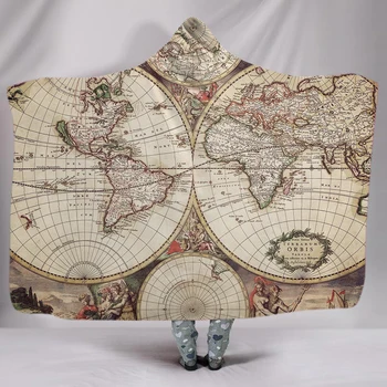 

Color World Map Printed Plush Hooded Blanket For Adults Kid Warm Blankets Double layer Fleece For Beds Wearable Throw Blankets