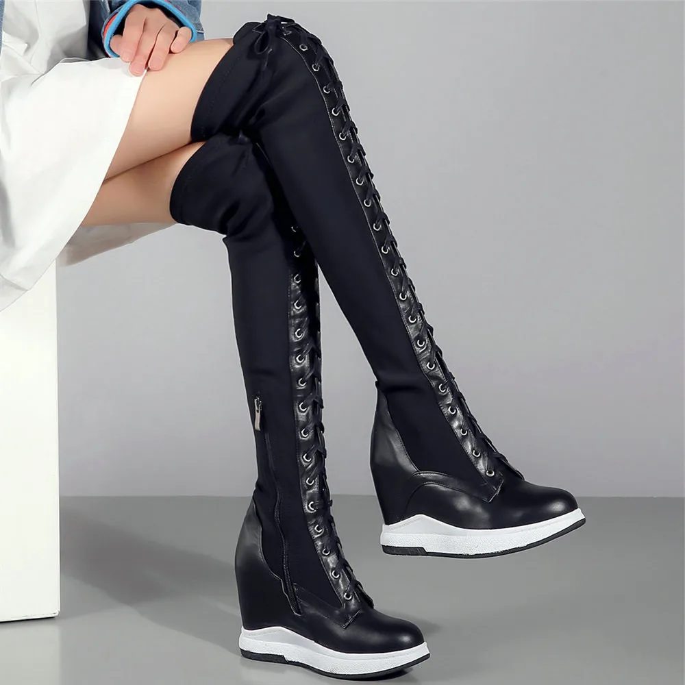 2021 Platform Pumps Shoes Women Genuine Leather Wedges High Heel Over The Knee Boots Female Stretchy Thigh High Fashion Sneakers