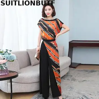 

Elegant Ladies 2020 Summer Chiffon Two Piece Set Print Soft TShirt Patchwork Wide Leg Chiffon Pants Ropa Mujer OL Ensemble Femme