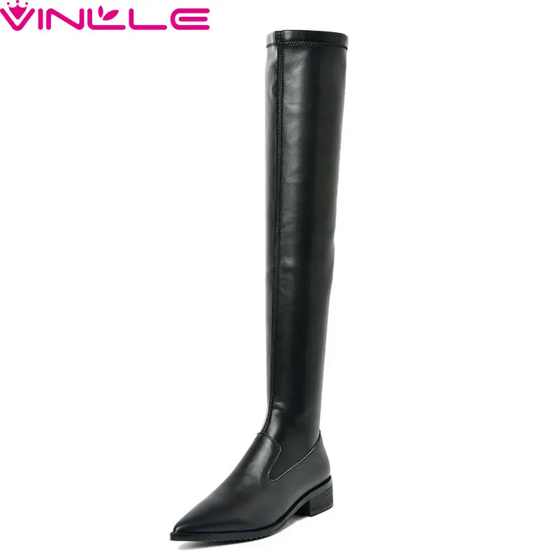 

VINLLE 2019 Fashion Women Boots Pointed Toe All Match Genuine Leather Low Heel Casual Zipper Concise Ladies Shoes Size 35-39