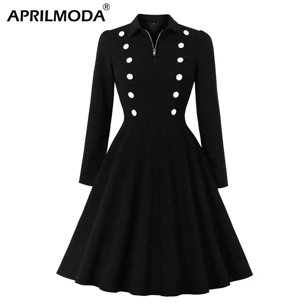 

Women Black Gothic Dress V Neck Button Long Sleeve Vintage Robe Femme Party Dress Elegant A Line Office Ladies Dress Vestidos