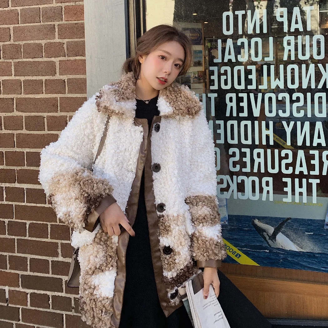 

Photo Shoot CHIC College Style Lambs Wool Camouflage White Mixed Colors Straight-Cut Mid-length Fold-down Collar Single Breasted