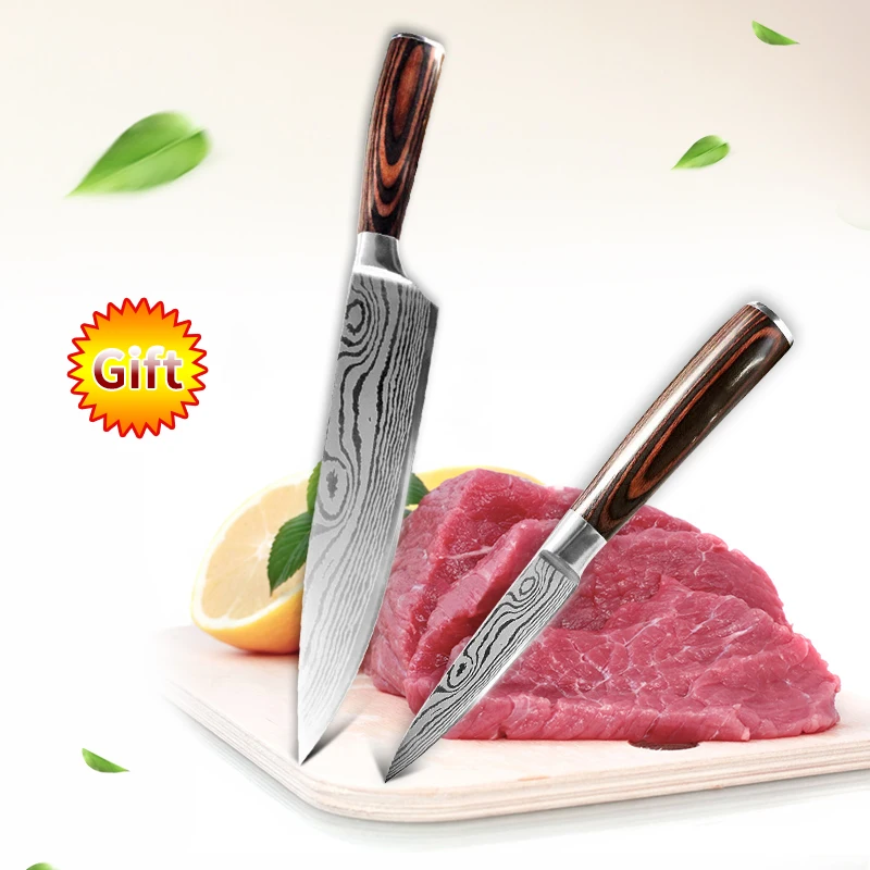 2pcs A Набор ножей, Профессиональные Кухонные ножи шеф-повара, цветная деревянная ручка, лазерный дамасский узор, набор стальных ножей, многофункциональный инструмент для приготовления пищи - Цвет: 2pcs A