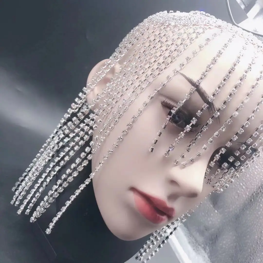 Fashion luxury shining Rhinestone Crystal forehead headdress tassel hairdress lady handmade hat crystal headdress Wedding Jewelr