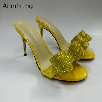 

Bling Sequined Cloth High Heel Lady Mules Jeweled Crystal Butterfly-knot Open Toe Runway Shoes Rhinestone Slippers Women