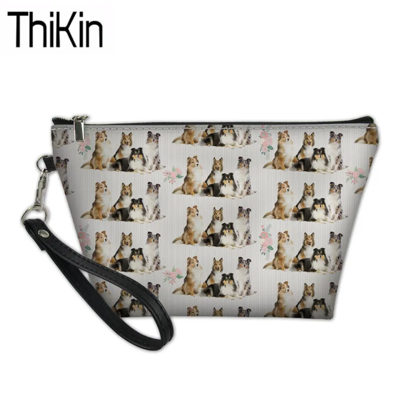 

THIKIN Sheltie Dog Printing Cosmetic Bags for Women Portable Wash Kit Bag Ladies PU Make Up Pouch Females Travel Cosmetic Cases
