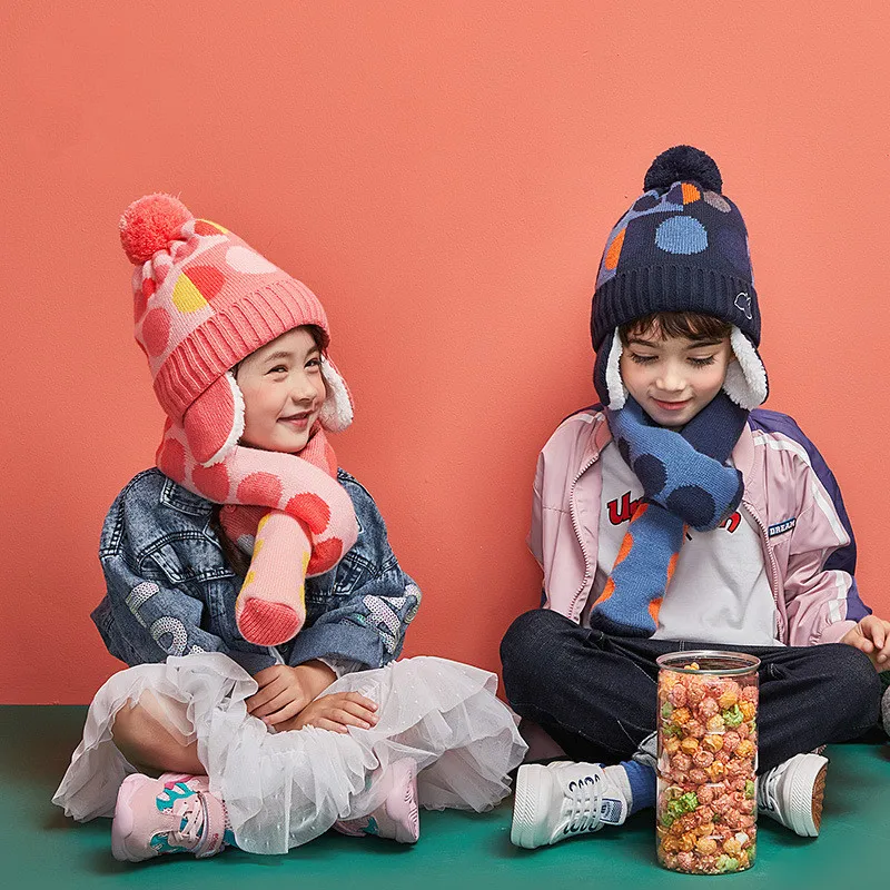 

COKK Winter Hat And Scarf Children Wool Knitted Cap Hats For Kids Girls Boys With Scarf Pompom Ball Dot Pattern Velvet Thick Set