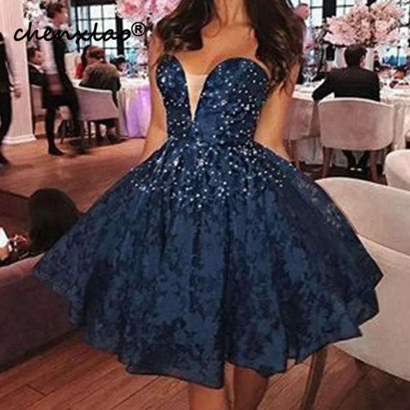 Navy Blue Homecoming Dresses Sweetheart Lace Beading Knee Length Homecoming Dress Short Party Gowns