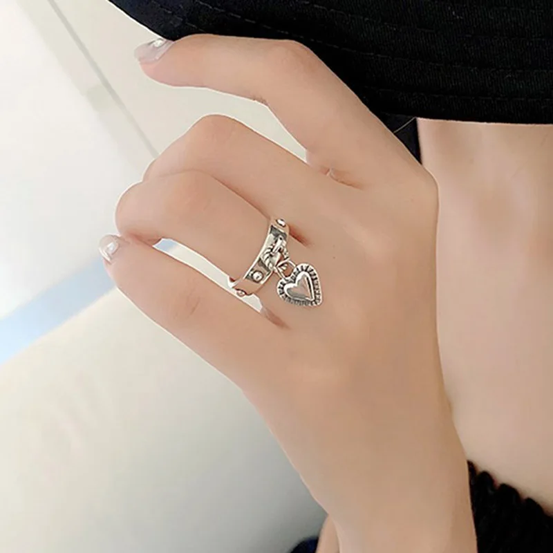 Silver Heart Ring Silver Rings Silver Ring Foxanry Stamp LOVE Heart Tassel Rings for Women Couples New Fashion Vintage Thai Silver Punk Party Jewelry Gifts