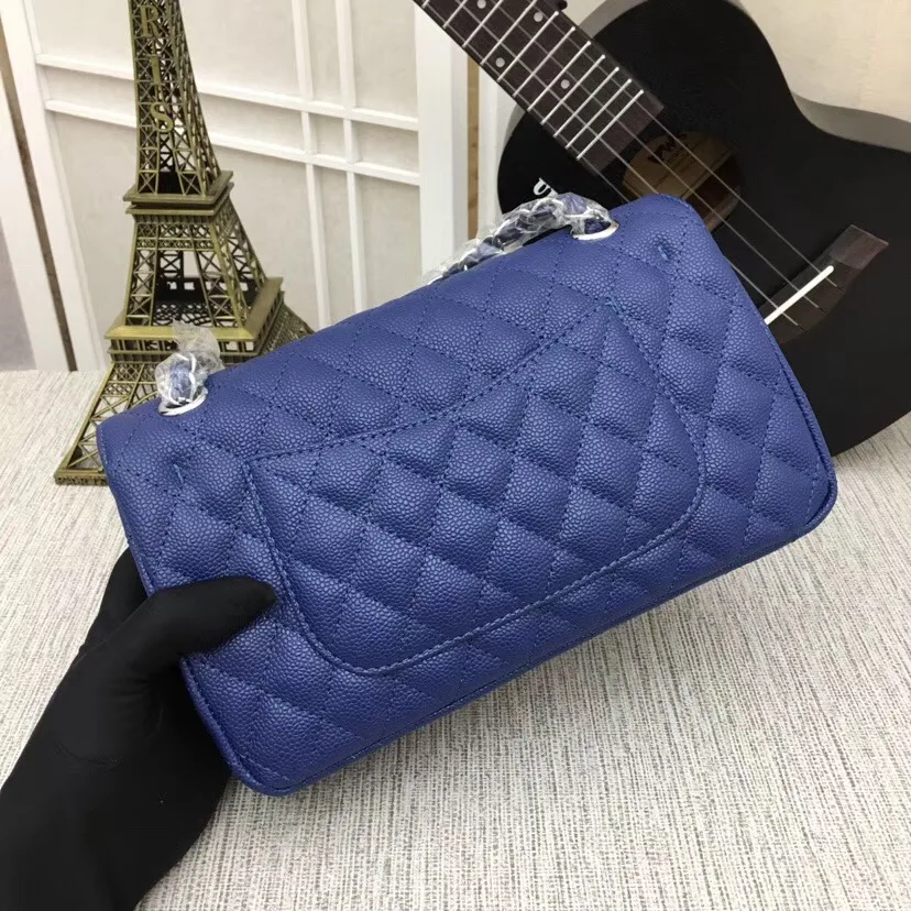Роскошные сумки на плечо из натуральной кожи для женщин топ дизайнерская сумка Caviar Кошелек Дамская сумка через плечо стеганая квадратная сумка с клапаном - Цвет: Blue silver chain