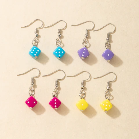 4pair/sets Colorful Dice Drop Dangle Earrings Sets for Women Square Geometric Party Jewelry Wholesale Gift 17484