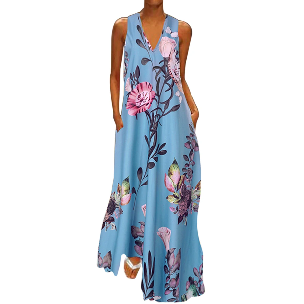 light blue OEAK летние сарафаны Модные женские длинные макси платья с цветочным принтом богемное платье Женская Повседневная длинная туника с карманами - Цвет: light blue