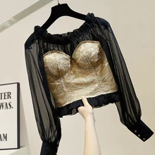 Embroidery Frilled Slash Neck Chiffon Shirt Women's Fashion Short Tops Crop Top Ladies Sexy Blouse Blusas Femininas De 2020