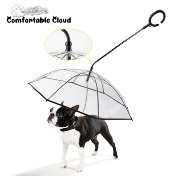

C-shaped Telescopic Handle Transparent Pet Umbrella with Dog Leashes Necklaces PE Rain Walking Tow Rope Dogs Lead Small Dog Cat