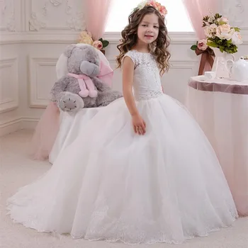 

Flower Girls Dresses for Wedding with Long Train and Sleeveless Lace Appliques Beaded Beautiful Party Communion Girl Dress