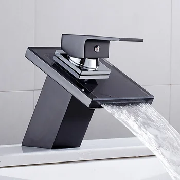 

Solid Glass Waterfall Basin Faucet for Bathroom Black Deck Mount Square Vanity Sink Mixer Tap Single Lever Bathing Room Faucets