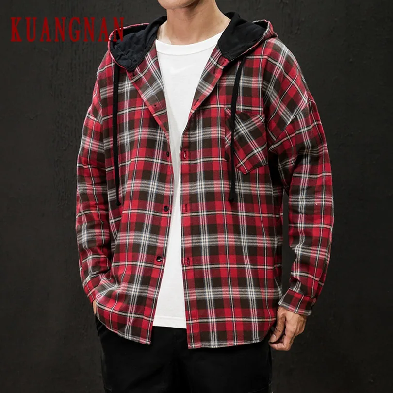 

KUANGNAN Plaid Hooded Long Sleeve Shirt Men Streetwear Men Shirt Long Sleeve Blouse Men Casual Shirts Hip Hop 5XL 2019 Autumn