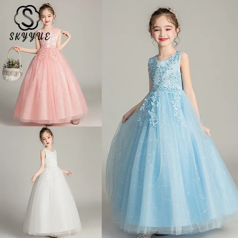 

Skyyue Flower Girl Dresses for Wedding Kid Party Floor Length Embroidery Tulle Princess Dress Cotton Lining Ball Gown 2019 BX683