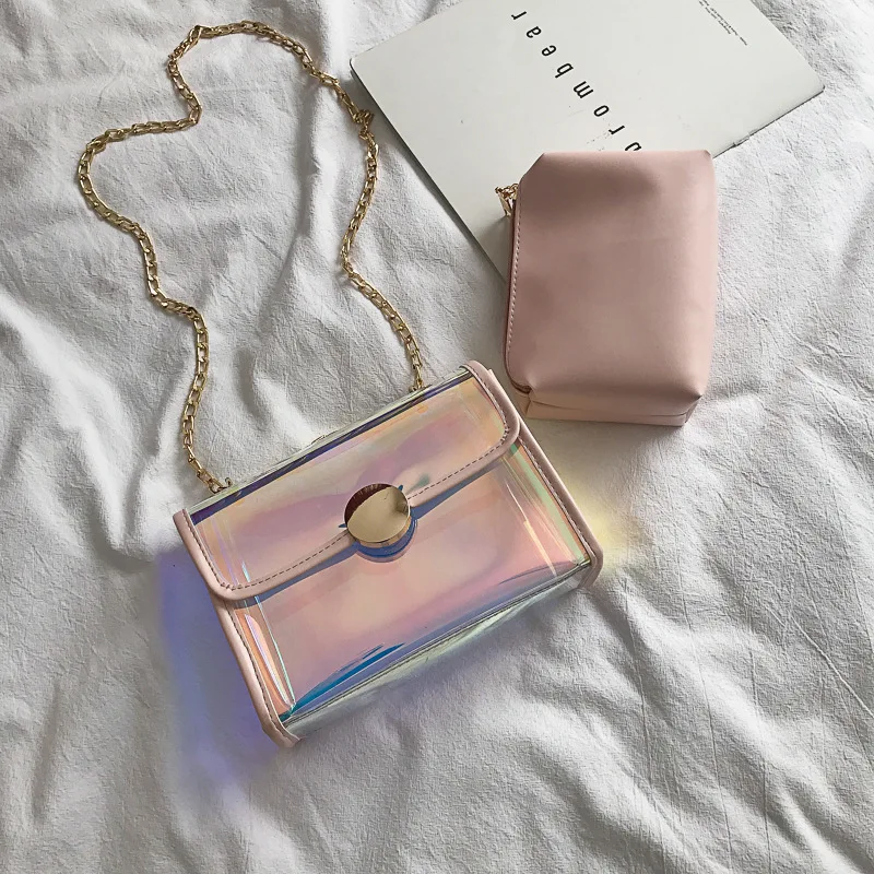 

Transparent Bag Women's 2019 New Style Korean-style Chain Shoulder Square Sling Bag Colorful Laser Gel Bag Beach Bag