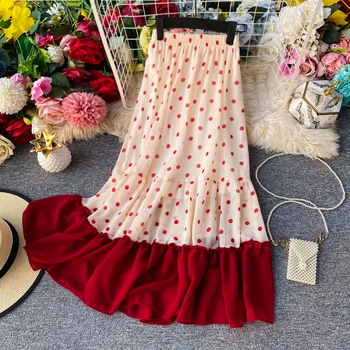 

Elastic Waist Wave Point Skirt Women 2020 Summer High Waist A-line Skirt Plus Size Chiffon Long Maxi Skirts For Women