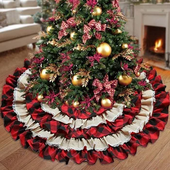 

2020 NEW Exquisite Christmas Tree Skirt 116cm Xmas Tree Decoration Ruffled Double Layer Trim Christmas Tree Decor Red-Black Plai