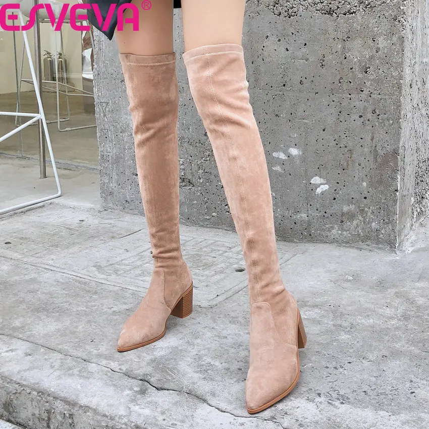 

ESVEVA 2020 Stretch Flock Square High Heel Women Shoes Autumn Winter Fashion Pointed Toe Slip on Over The Knee Boots Size 34-40