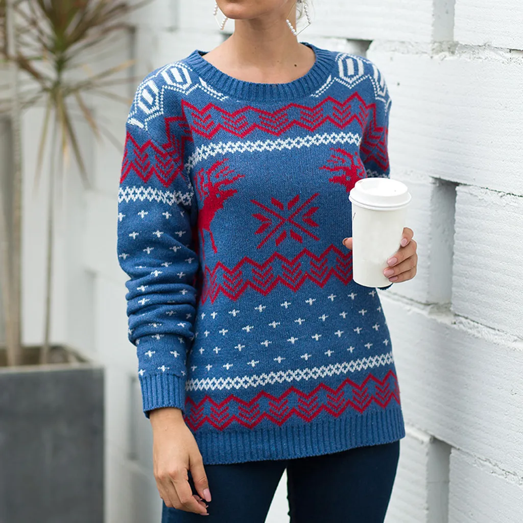 Рождественский свитер, Женский Зимний вязаный свитер, женский джемпер с круглым вырезом, пуловер с длинным рукавом, вязаный свитер, топы для женщин - Color: Blue