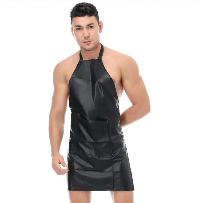 Mens Sexy Lingerie Black Leather Sexy Erotic Apron Front Open Crotch Crotchless Male Cosplay Uniforms Nightclub Stage Ds Costume