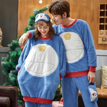 

Adult Unisex Couple Pajamas Thickening Warm Winter Men Home Clothes 2 Pieces Cute Cartoon Pajamas Sets with eyeshade