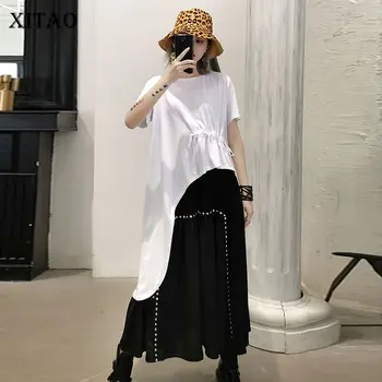 

XITAO White Black T Shirt Irregular 2020 Spring Irregular Pullover Drawstring Small Fresh Casual Style Pleated Tee DMY3865