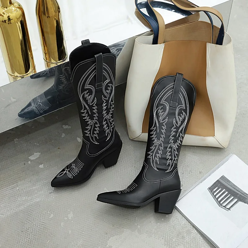 EGONERY/женские сапоги до колена модная женская обувь на высоком каблуке Демисезонные ковбойские сапоги в стиле панк с острым носком Прямая поставка - Цвет: black