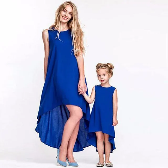 Sleeveless Mother Daughter Beach Kids Dresses for Girl Family Matching Clothes Outfits Blue Mommy and Me Dress Clothing