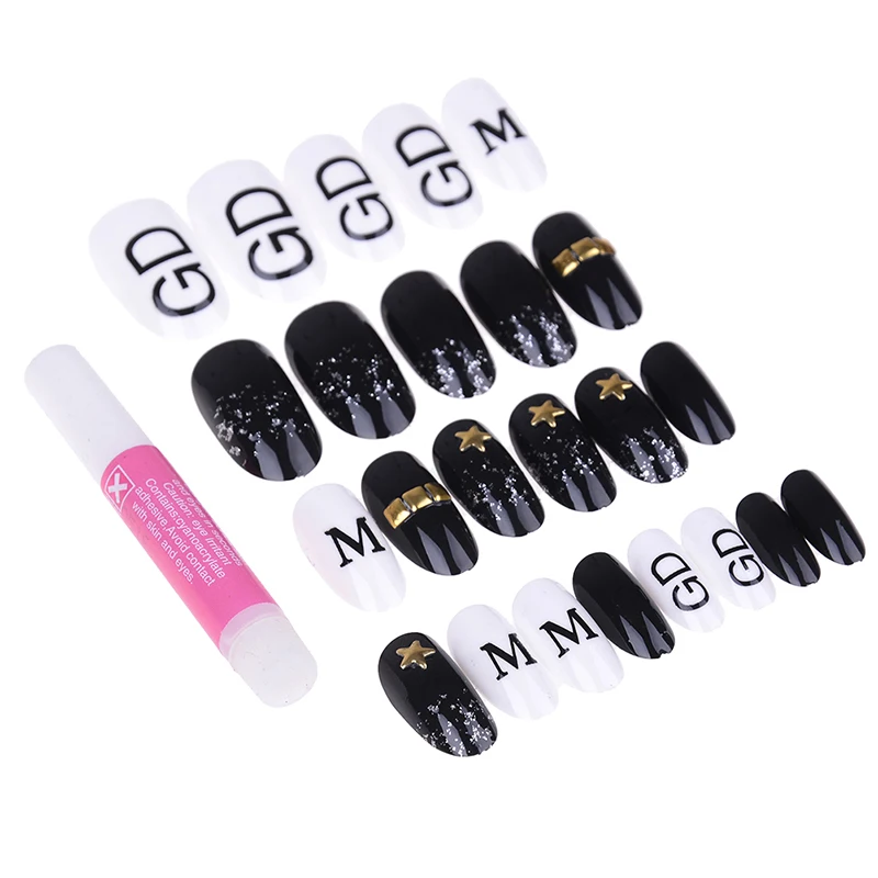 24pcs Black White Alphabet 3D Fake Nails Acrylic Pre Design Nail Tips Kids False Nails With Glue Sticker
