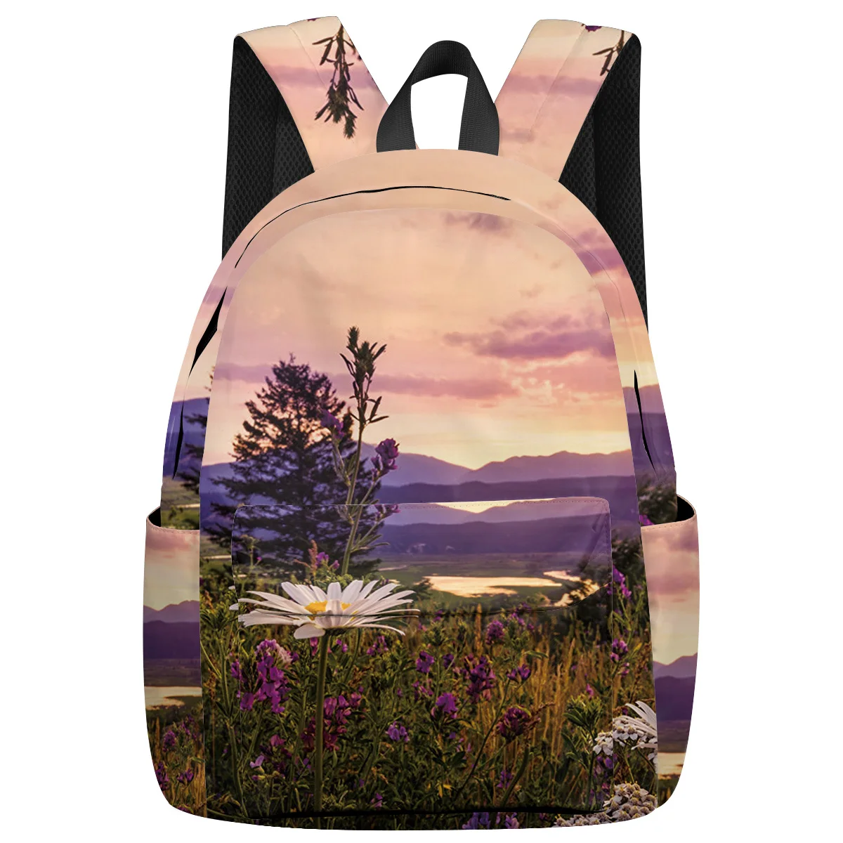 Волшебный белый рюкзак с ромашками и розовыми азалами в летних холмах внутренний