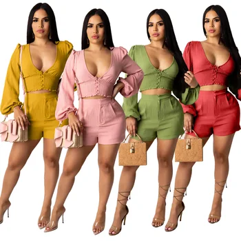 

2020 new women set puff sleeve sexy v neck 2 piece set long sleeve blouse and high waist shorts outfits set