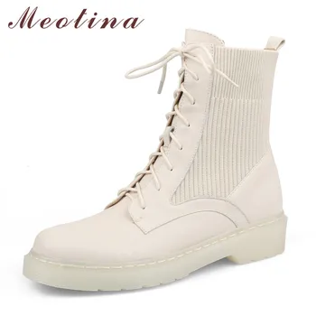 

Meotina Motorcycle Boots Women Shoes Real Leather Flats Platform Short Boots Cross Tied Ankle Boots Female Autumn Winter Beige