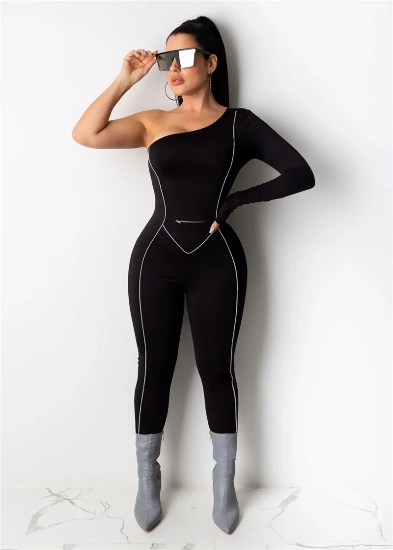 Adogirl Reflective Straps One Shoulder Bandage Jumpsuit Women Sexy Long Sleeve Skinny Romper Night Version Tracksuit Romper Adogirl Reflective Straps One Shoulder Bandage Jumpsuit Women Sexy Long Sleeve Skinny Romper Night Version Tracksuit Romper